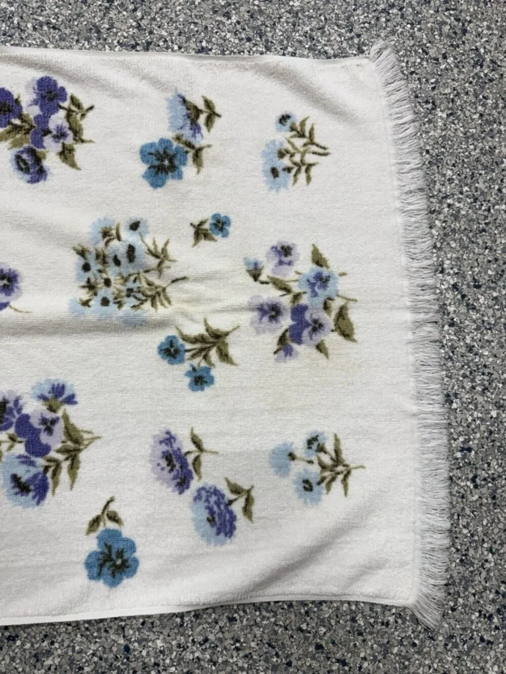 St Marys Vintage Bath Towel Blue Purple Fringe Floral Bath Towel Flowers White